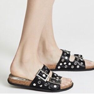 Free People Slide Sandals Double Strap Black Leather Studed Cork Footbed Size 5
